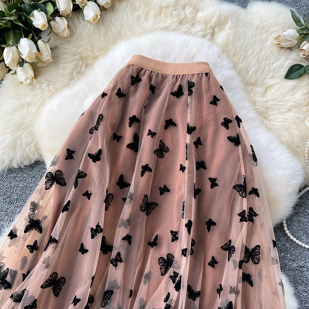 SINGREINY 2024 High Qulaity Embroidery Long Skirt Ladies Elastic Waist Butterfly Print Streetwear A Line Loose Mesh Party Skirt