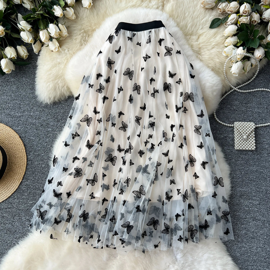 SINGREINY 2024 High Qulaity Embroidery Long Skirt Ladies Elastic Waist Butterfly Print Streetwear A Line Loose Mesh Party Skirt