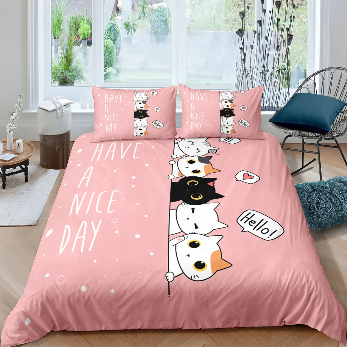 Cute Pink Pet Cats Cartoon Kitten Print Duvet Cover Pillowcase Polyester Quilt Cover for Children Women Bedroom Decoration King