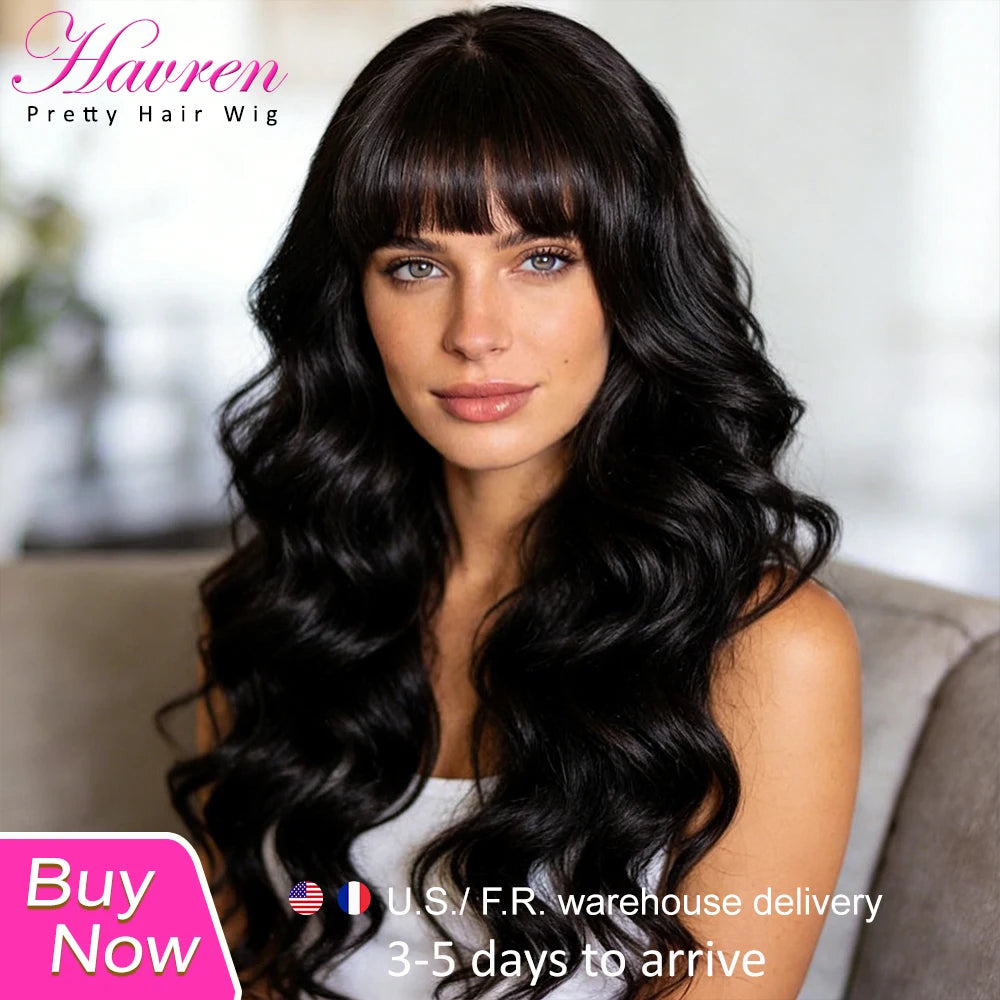 Body Wave Human Hair Wig with Bangs Middle Part 3x1 Lace Frontal Wig with Bangs Brazilian Human Hair Body Wave 34 Inch for Women