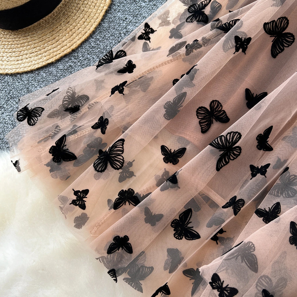 SINGREINY 2024 High Qulaity Embroidery Long Skirt Ladies Elastic Waist Butterfly Print Streetwear A Line Loose Mesh Party Skirt