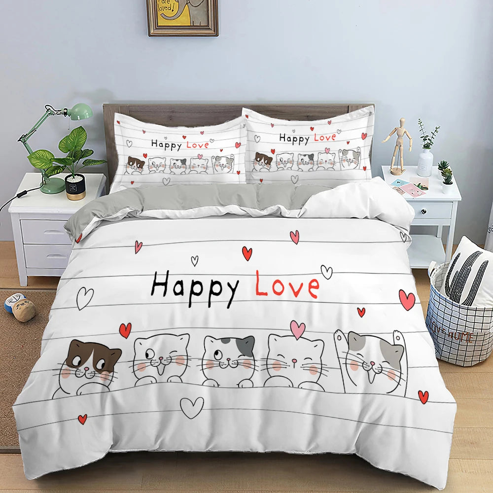 Cute Pink Pet Cats Cartoon Kitten Print Duvet Cover Pillowcase Polyester Quilt Cover for Children Women Bedroom Decoration King