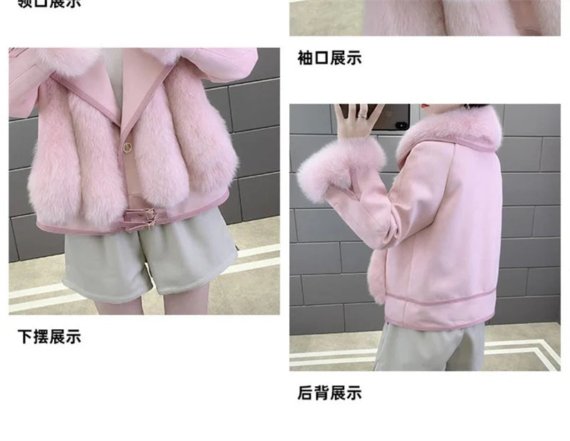 2025 Women Mid-Long Style Faux Fur Jacket Winter Female Pu Leather Splicing Fur Outwear Ladies Long Sleeve Thicken Warm Fur Coat