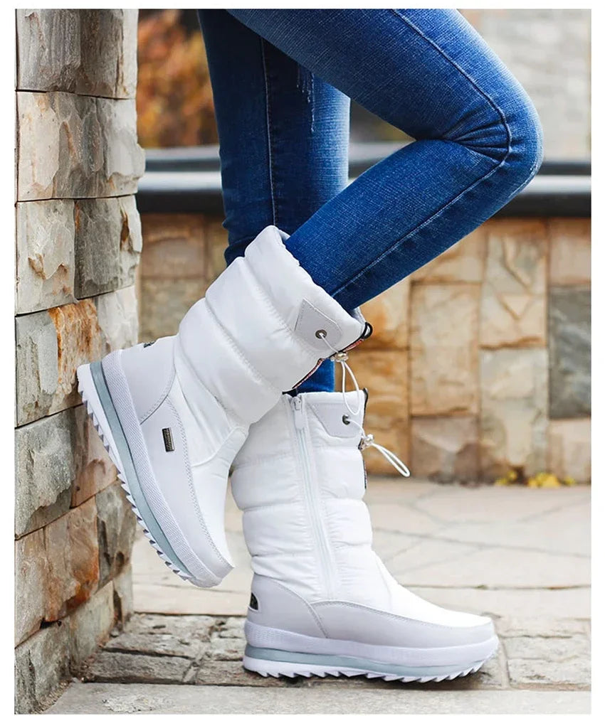 White Women Boots Winter Shoes Warm Plush Mid-calf Boots Waterproof Rubber Non-slip Platform Snow Boots Female Plus Size 42