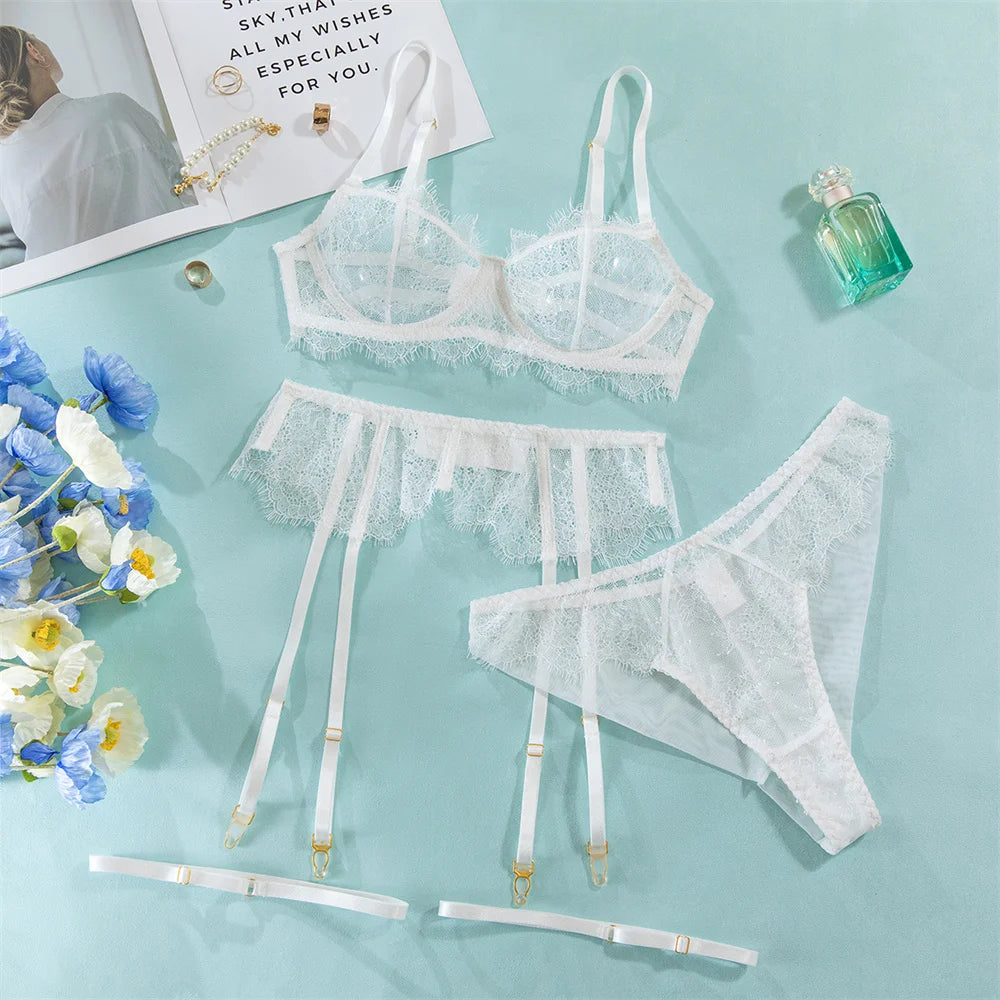 Krasapt Fancy White Lace Lingerie 2 Piece Sets Woman Hollow Out See Through Bras And Thongs Erotic Suits Delicate Fairy Bilizna