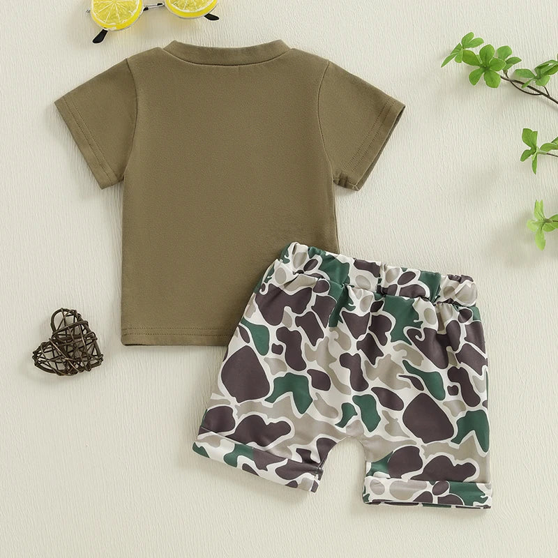 2025-01-13 Lioraitiin Toddler Boys Summer Shorts Sets Short Sleeve O Neck Letter Print Tops and Camouflage Shorts Sets