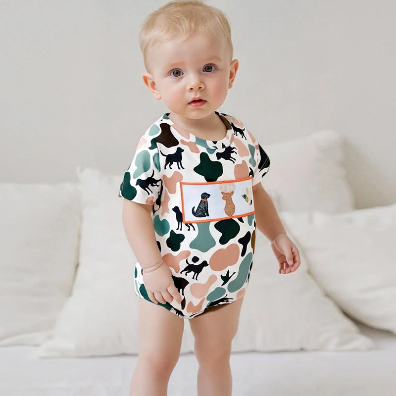 Lioraitiin Newborn Baby Boys Summer Jumpsuit Casual Dog Camouflage Print Embroidery Short Sleeve Romper Cute Clothes