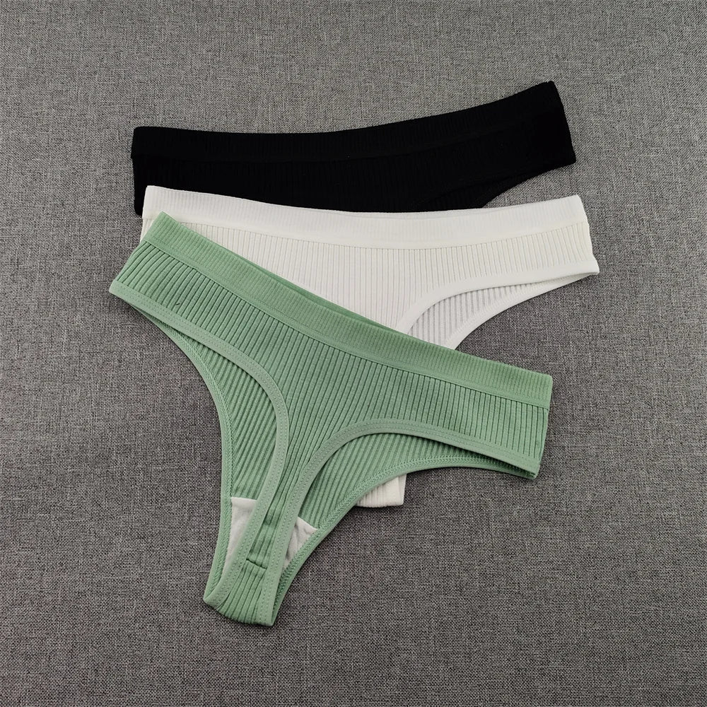 3Pcs/Set Women Thong G String Soft Ribbed Cotton Brazilian Panties Solid Color Low Rise Underwear Female Intimates Lingerie