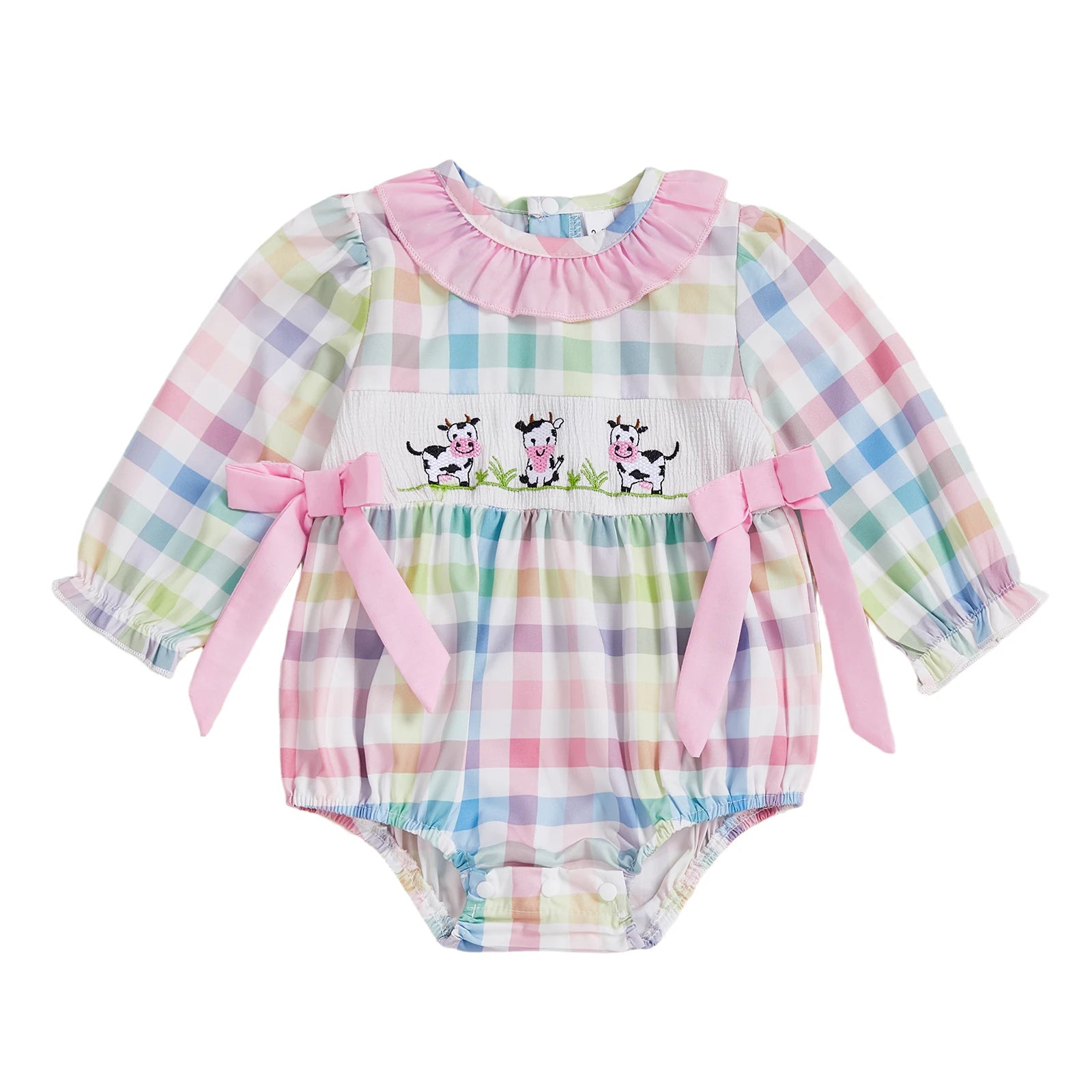 Adorable Toddler Plaid Overall with Cow Embroidery and Bow Detail - Long Sleeve Farm Animal Jumpsuit for Baby Girl