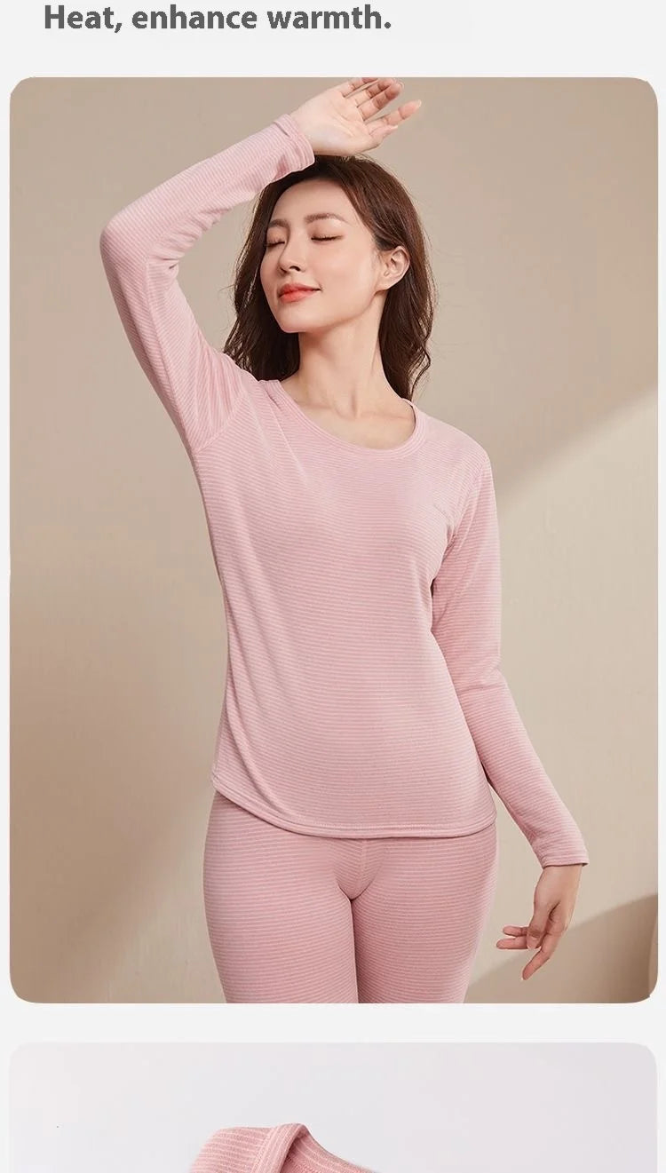 New Autumn/Winter Cashmere and Silk Round-Neck Thermal Set Striped Thermal Underwear for Men and Women Base Layer Undergarments