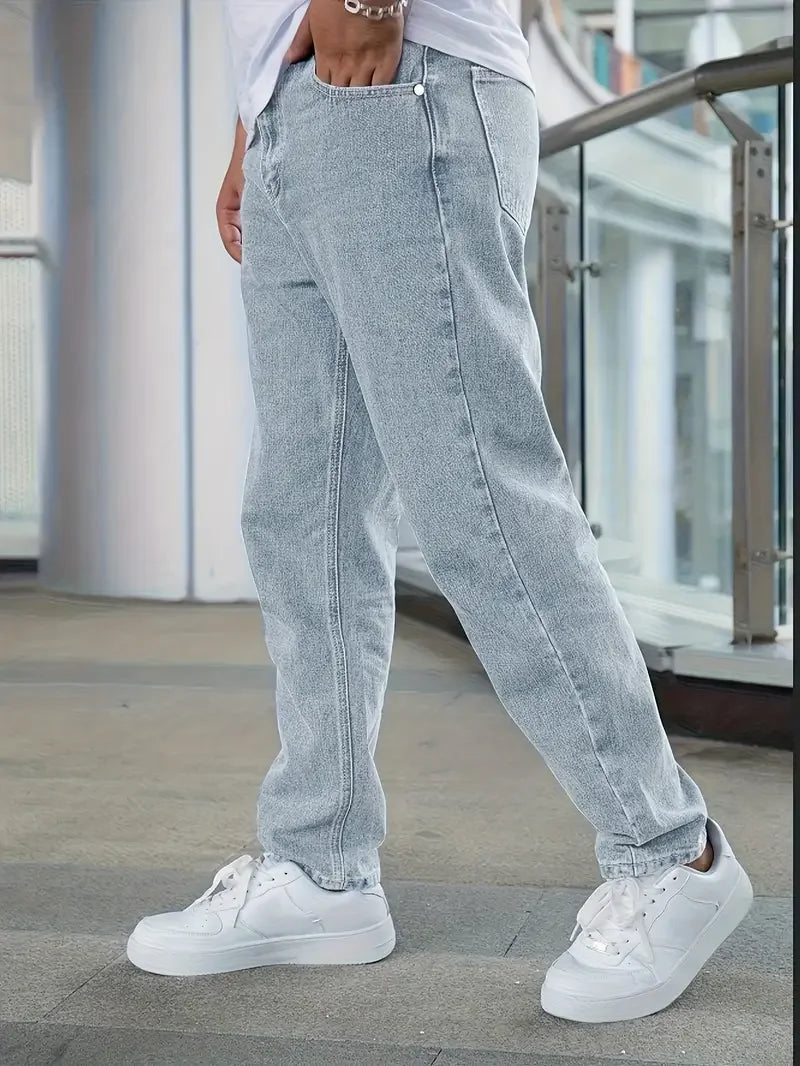Men's Classic Straight-Leg Denim Jeans - Casual Style, Non-Stretch, Machine Washable, Solid Light Blue, Cotton/Polyester Blend,