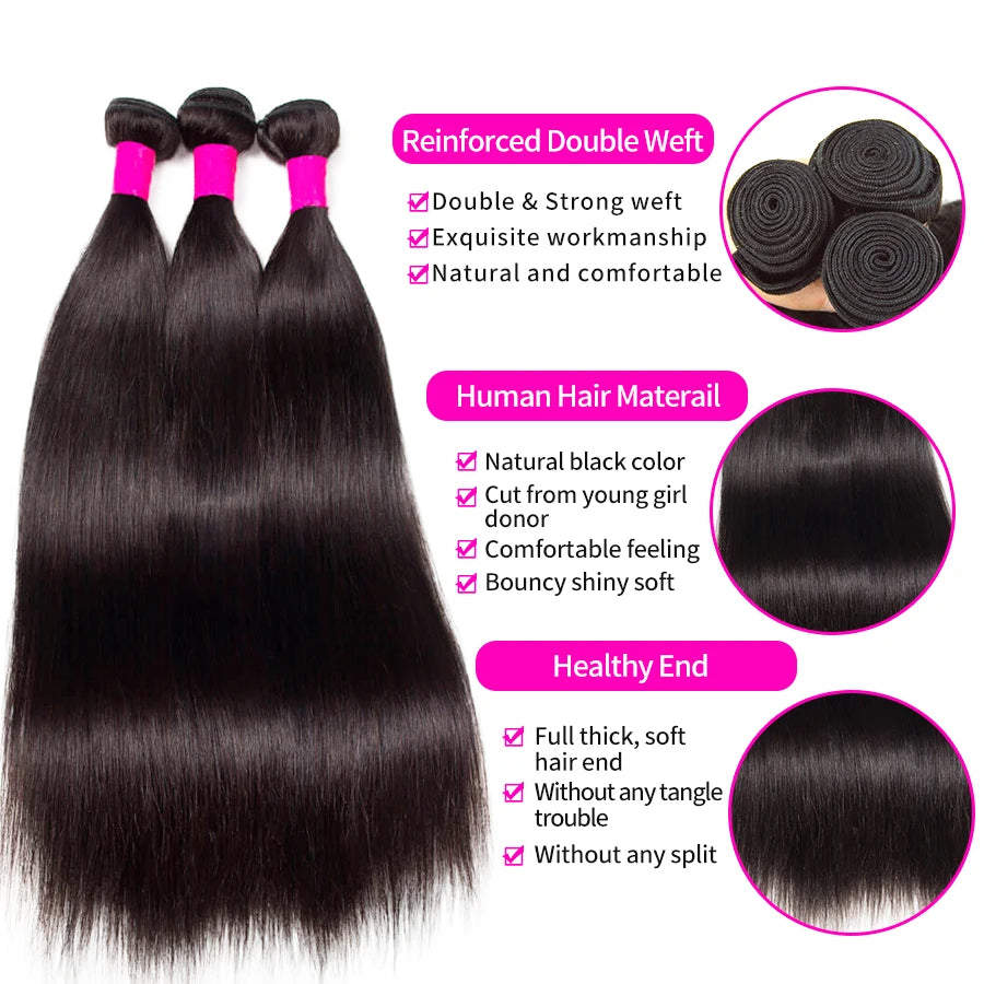 Straight Human Hair Bundles Brazilian Remy Hair Weave Bundles 1/3/4 PCS Natural Black 14-30 Inch Human Hair Extensions