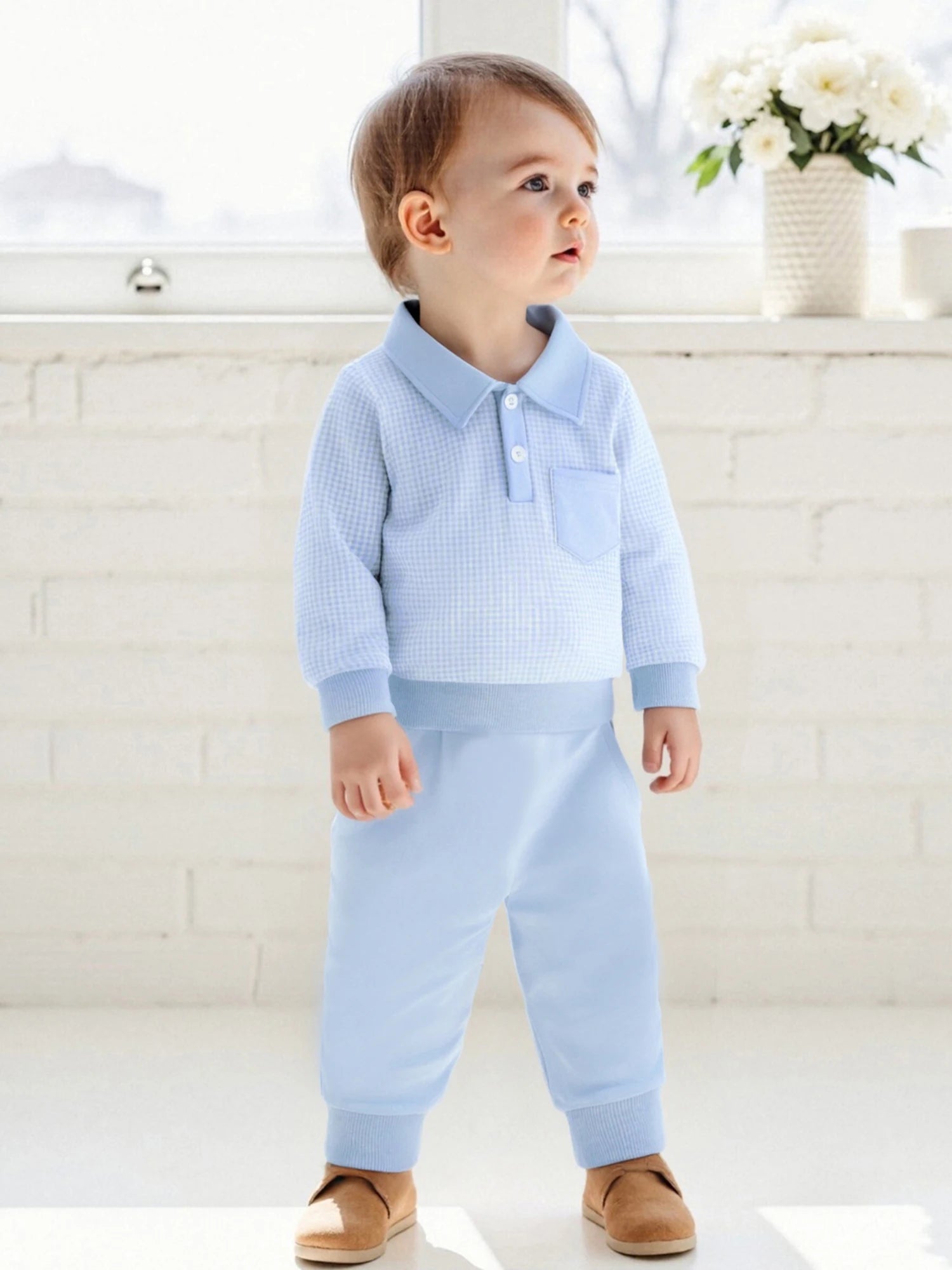 2025-06-03 Lioraitiin Toddler Baby Boys Fall Set Plaid Long Sleeve Lapel Tops and Solid Color Bow Pants with Pocket 2Pcs Outfits