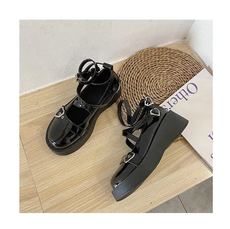 Women heels Lolita shoes platform mary jane Shoes Star Buckle Strap Mary Janes Women Cross-tied Girls Rivet Casual Shoes kawaii