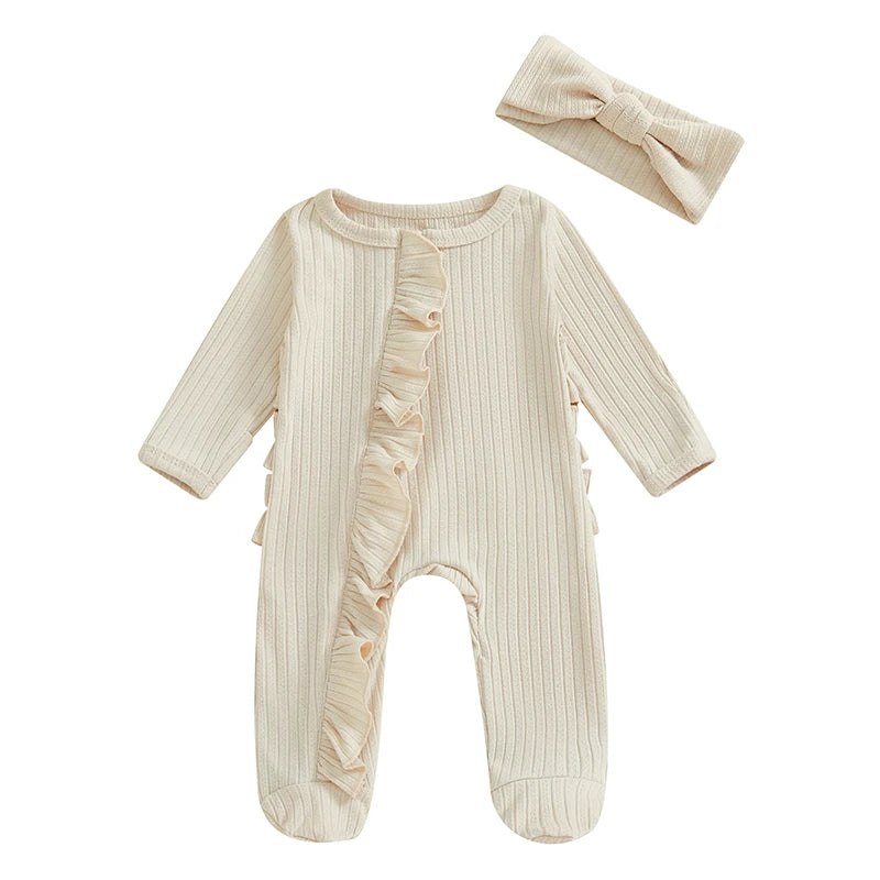 Infant Girls Fall  with Ruffled Sleeves and Matching Headband - Cozy Footed Romper for Autumn Season