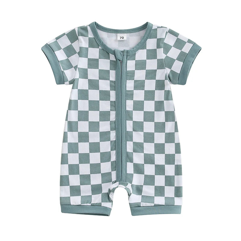 2025-02-06 Lioraitiin Baby Boys Summer Romper Checkerboard Print Short Sleeve Round Neck Zipper Front Jumpsuit