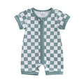 2025-02-06 Lioraitiin Baby Boys Summer Romper Checkerboard Print Short Sleeve Round Neck Zipper Front Jumpsuit