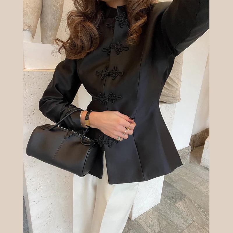 Vintage Stand Collar Velvet Frog Button Blazer Women Solid Long Sleeve Slim Cropped Jackets 2026 Spring Lady Fashion Outwear New