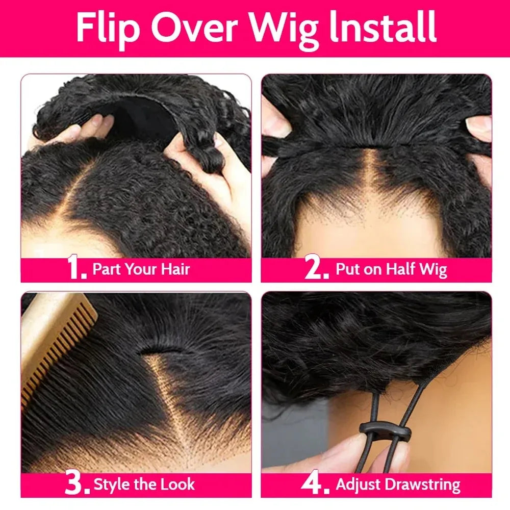 250% Half Wigs Human Hair Afro Kinky Curly Headband Wig Upgrade 3 IN 1 Half Wig With Drawstring Seamless Clip Ins Flip Over