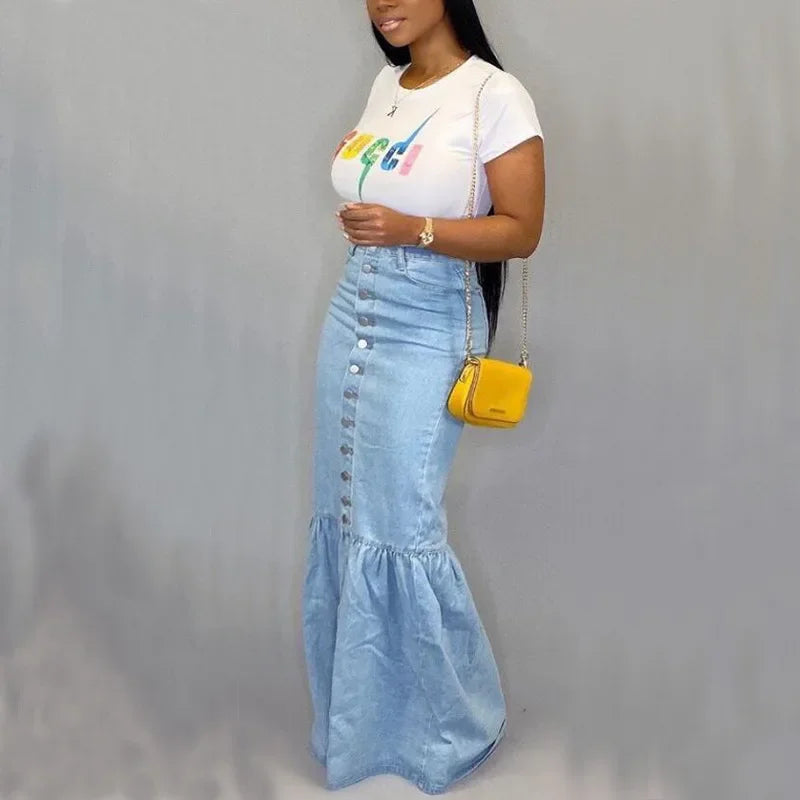 Fishtail Denim Long Skirt Women Full Length Mermaid Trumpet Ruffle Breasted Sexy High Waist Stretchy Skirts 2024 Streetwear