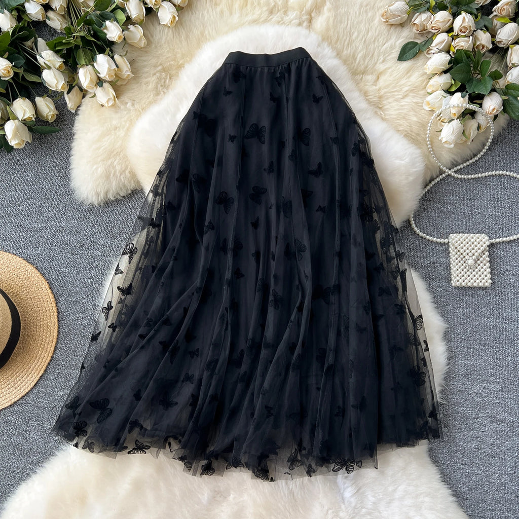 SINGREINY 2024 High Qulaity Embroidery Long Skirt Ladies Elastic Waist Butterfly Print Streetwear A Line Loose Mesh Party Skirt