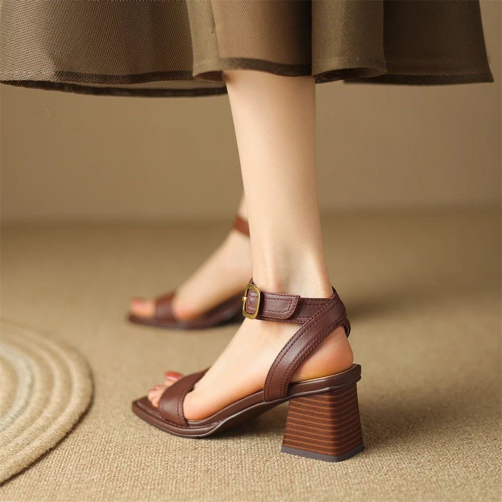 Women's genuine leather sandals narrow band ankle strap 6cm thick med heel open toe summer pumps heels casual shoes for women 42