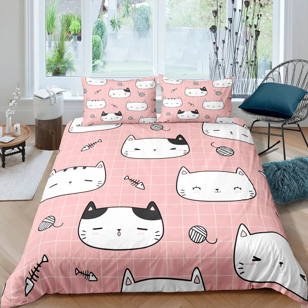 Cute Pink Pet Cats Cartoon Kitten Print Duvet Cover Pillowcase Polyester Quilt Cover for Children Women Bedroom Decoration King
