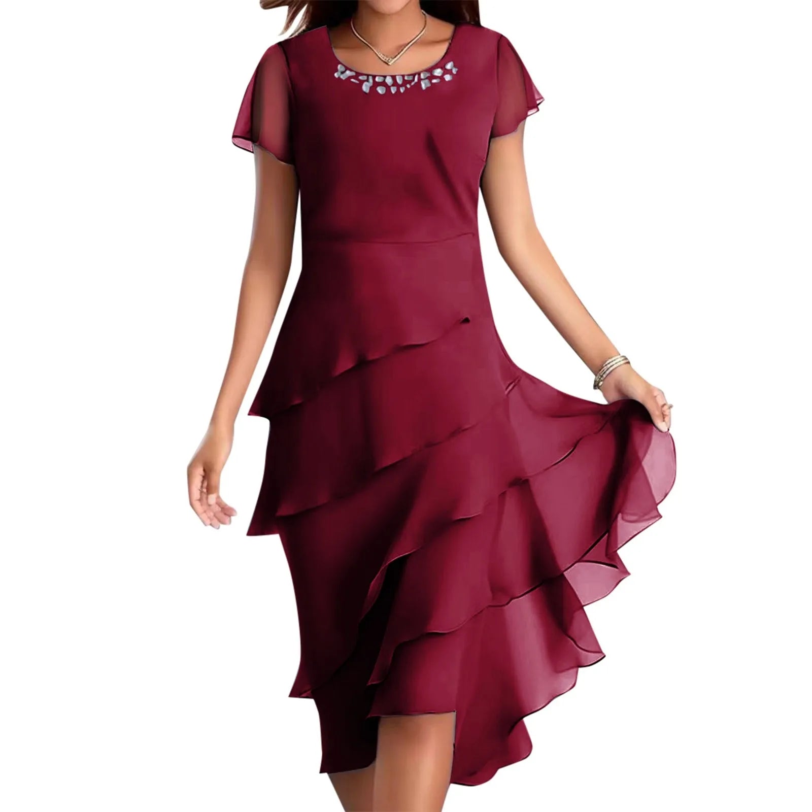 sexy chiffon puff short sleeve u neck midi dress elegant tierred layered slim fit summer dress stylish cocktail party dress