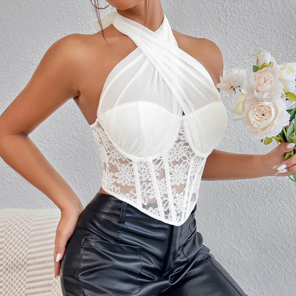 Elegant Lace Mesh Cross Halter Tank Top with Diamond Fishbone Small Vest for Women Tube Top with Lace Mesh Cross Halter Crop Top