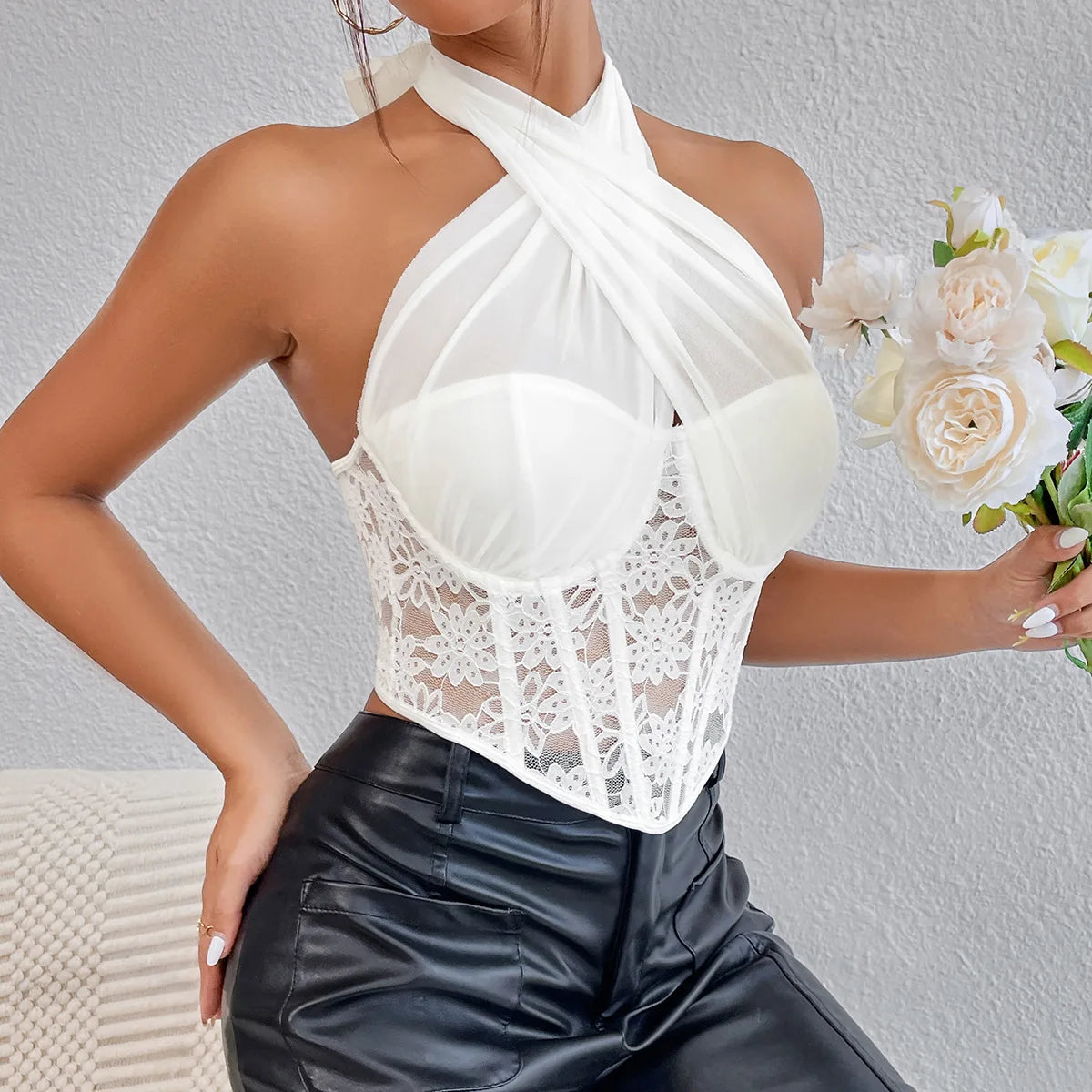 Elegant Lace Mesh Cross Halter Tank Top with Diamond Fishbone Small Vest for Women Tube Top with Lace Mesh Cross Halter Crop Top