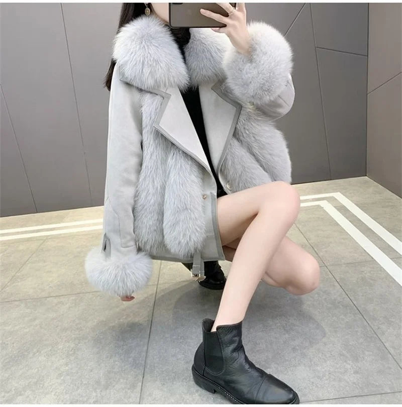 2025 Women Mid-Long Style Faux Fur Jacket Winter Female Pu Leather Splicing Fur Outwear Ladies Long Sleeve Thicken Warm Fur Coat