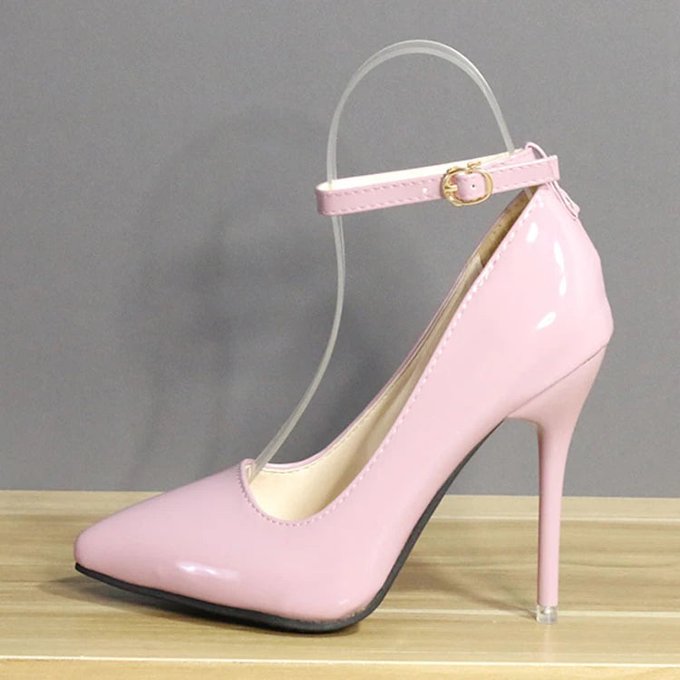 One Word Buckle High Heels 2025 Spring New Patent Leather Stiletto Heel Work Pumps Large Pointed Shallow Mouth Women's Shoes