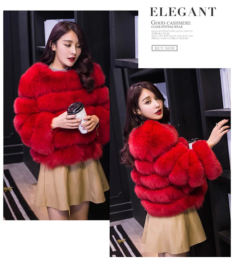 Women Faux Fox Fur Coats Zipper Short Coat Jackets Elegant Thick Warm Solid Jacket Lady Furry Outerwear Elegant Splice Winter