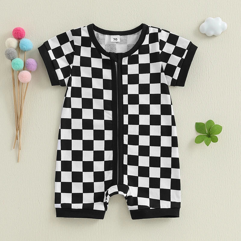 2025-02-06 Lioraitiin Baby Boys Summer Romper Checkerboard Print Short Sleeve Round Neck Zipper Front Jumpsuit