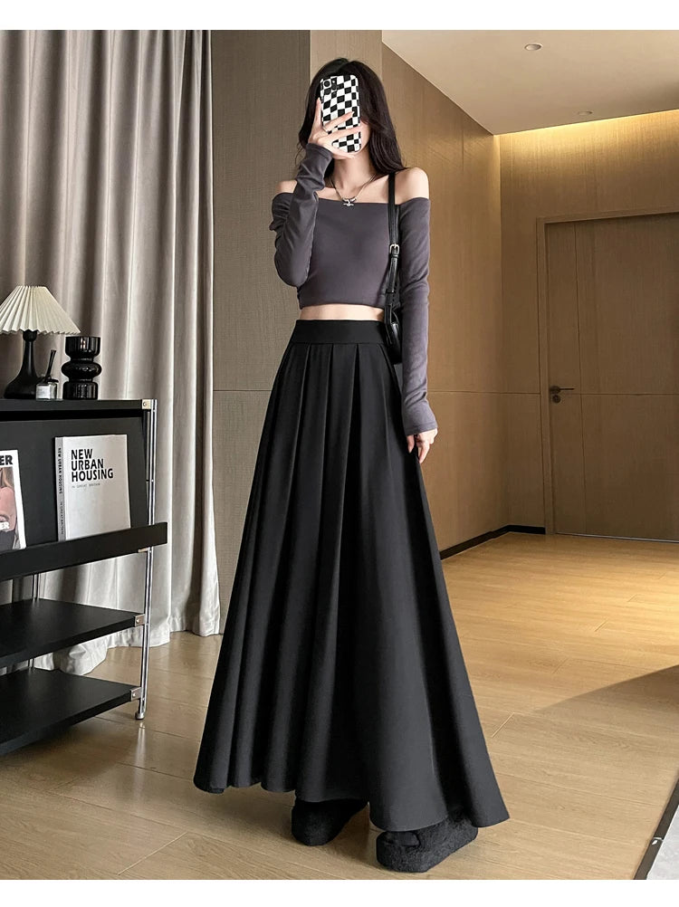 Beiyingni Women Long Suit Maxi Pleated Black Skirts Korean Fashion 2024 Autumn High Waist Slim A-line Skirt Ladies Gray Faldas