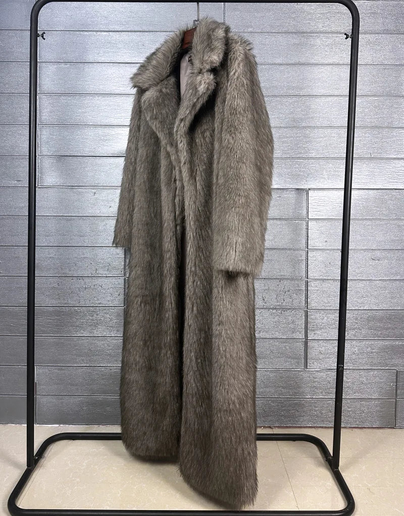 DEAT 2025 winter new fashion high quality Fox Faux Fur long Coat for Women Suit Collar solid color thick warm jacket 11A06914