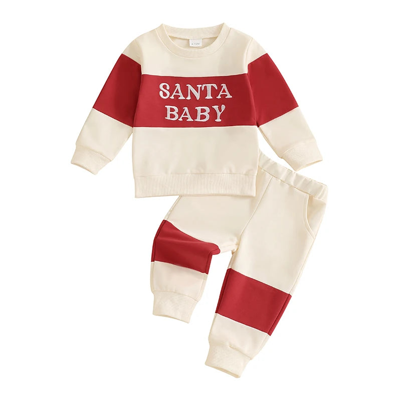 Toddler Baby Boy Christmas Outfit Letter Embroidery Contrast Color Long Sleeve Sweatshirt and Elastic Pants Clothes