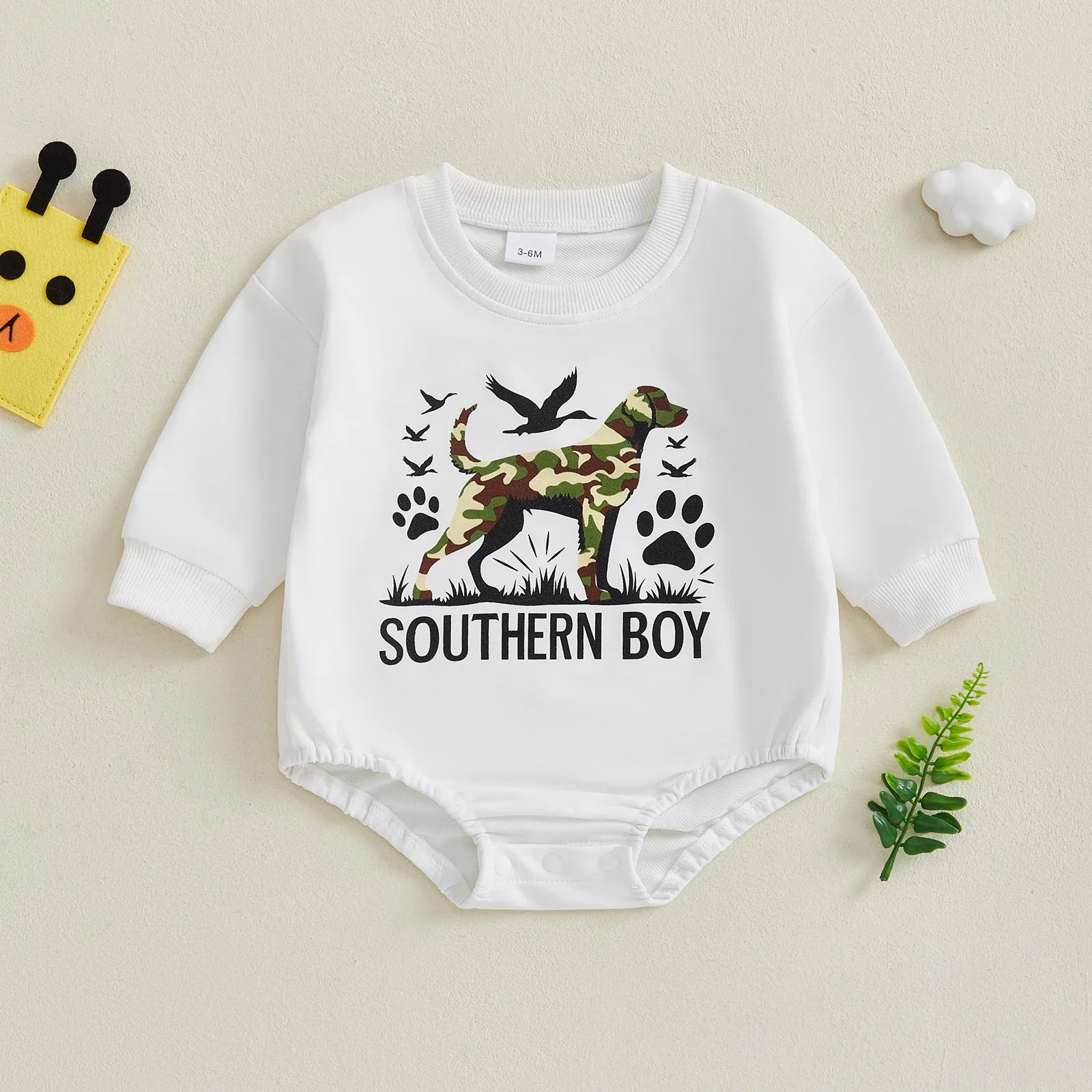 2025-05-05 Lioraitiin Newborn Baby Boy Romper Long Sleeve Round Neck Camo Dog Print Bodysuit Fall Playsuit