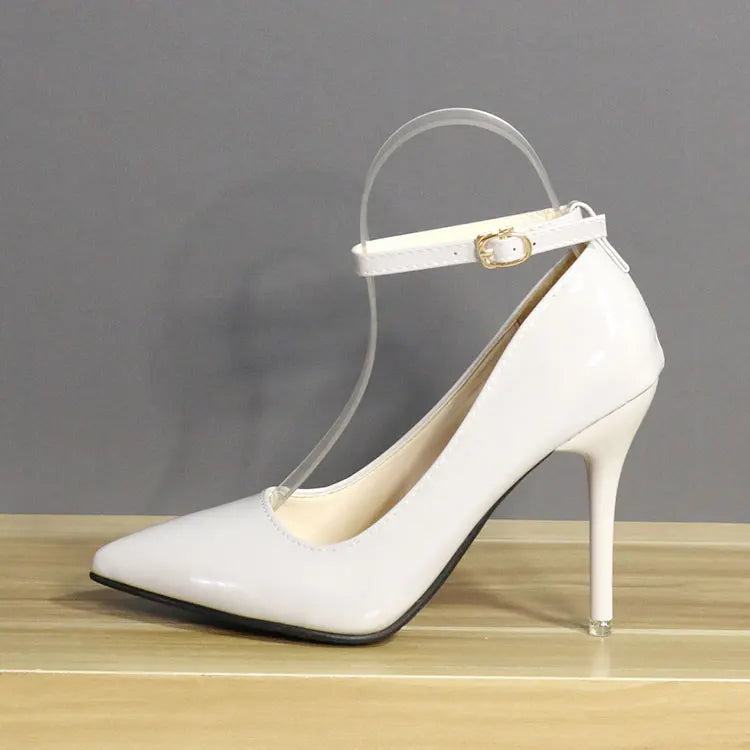 One Word Buckle High Heels 2025 Spring New Patent Leather Stiletto Heel Work Pumps Large Pointed Shallow Mouth Women's Shoes