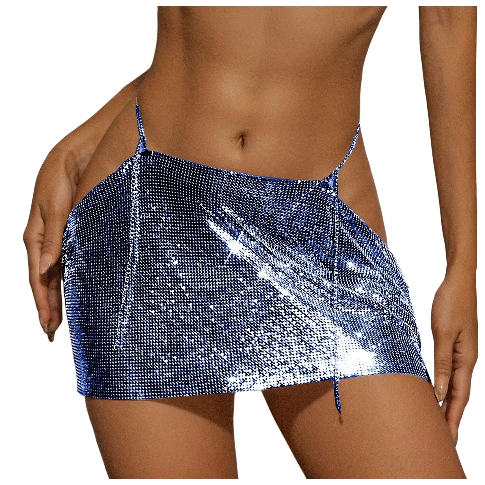 Women Sparkly Sequins Mini Skirt Low Waist Metal Chains Waistband Glitter Skirts Sexy Miniskirt Nightclub Rave Party Clubwear