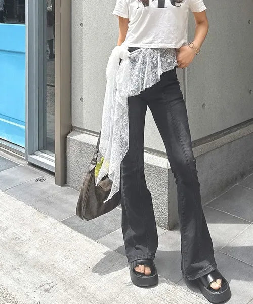 Jeans Pants Decor Embroidered Flower Lace Mini Skirt Irregular See Through Ruched Skirts High Waist Harajuku Pleated Skirts