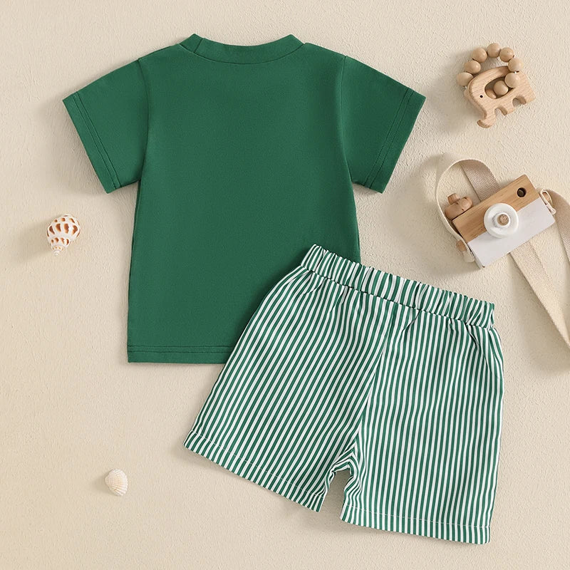 Lioraitiin Toddler Baby Boy Shorts Set Whale/Dinosaur/Turtle Short Sleeve T-shirts Striped Elastic Waist Shorts Summer Outfit