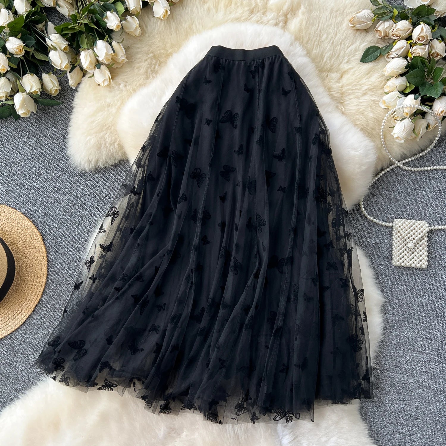 SINGREINY 2024 High Qulaity Embroidery Long Skirt Ladies Elastic Waist Butterfly Print Streetwear A Line Loose Mesh Party Skirt