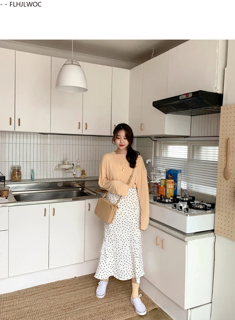 2024 Summer Skirt Long Hot Sales Women Black White Dot Preppy Style Girls Korean Design High Waist Black Skirt 3024