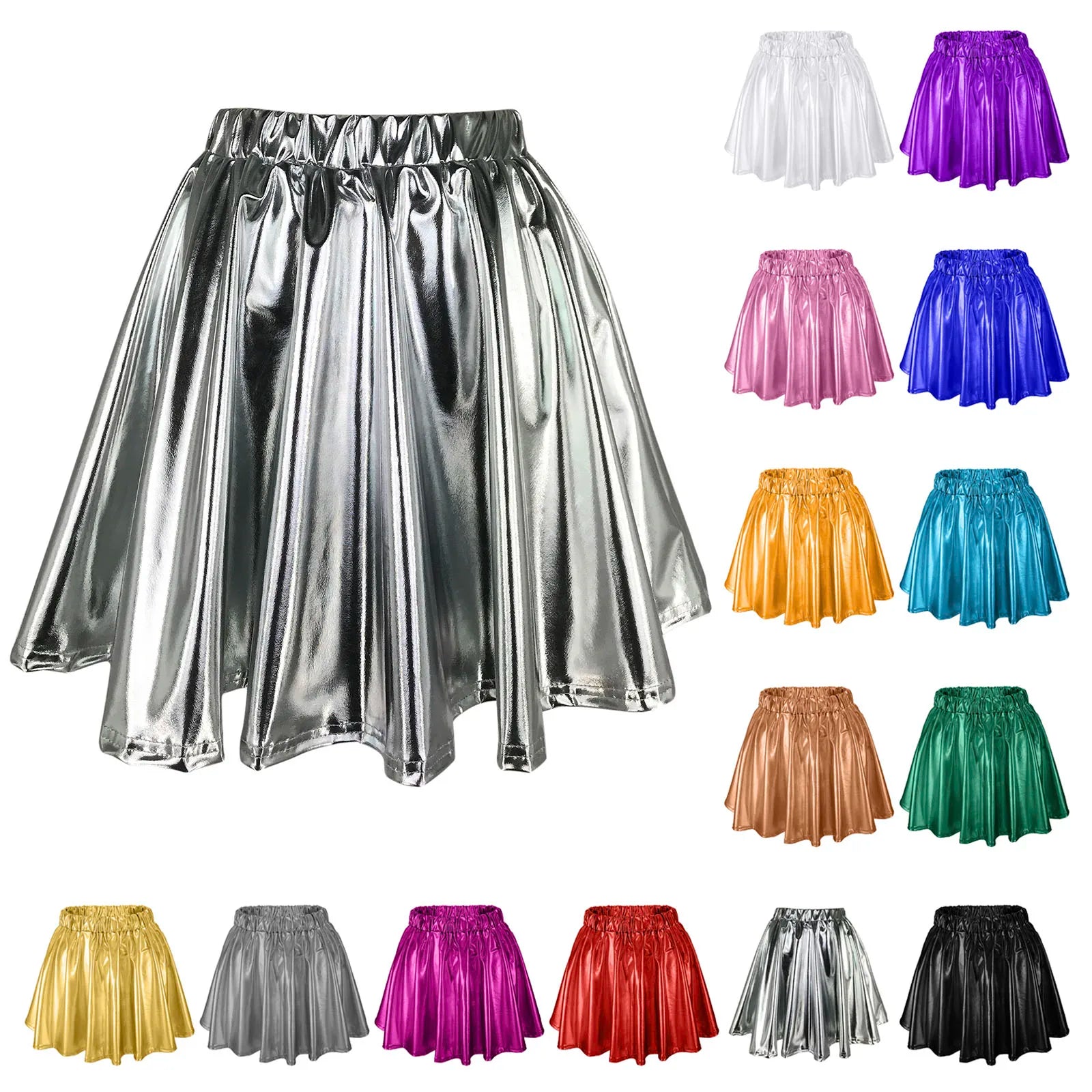 Women Sparkly Shiny Metallic Skater Skirt Carnival Party Rave Outfit A Line Pleated Skirts Elastic High Waist Nightclub Faldas