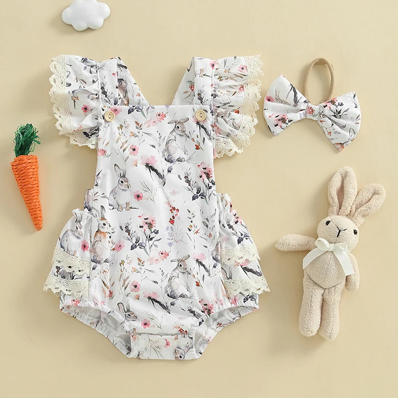 2025-01-02 Lioraitiin Baby Girls Easter Outfits Flower Bunny Print Lace Trim Flying Sleeve Spring Romper with Bow Headband Set