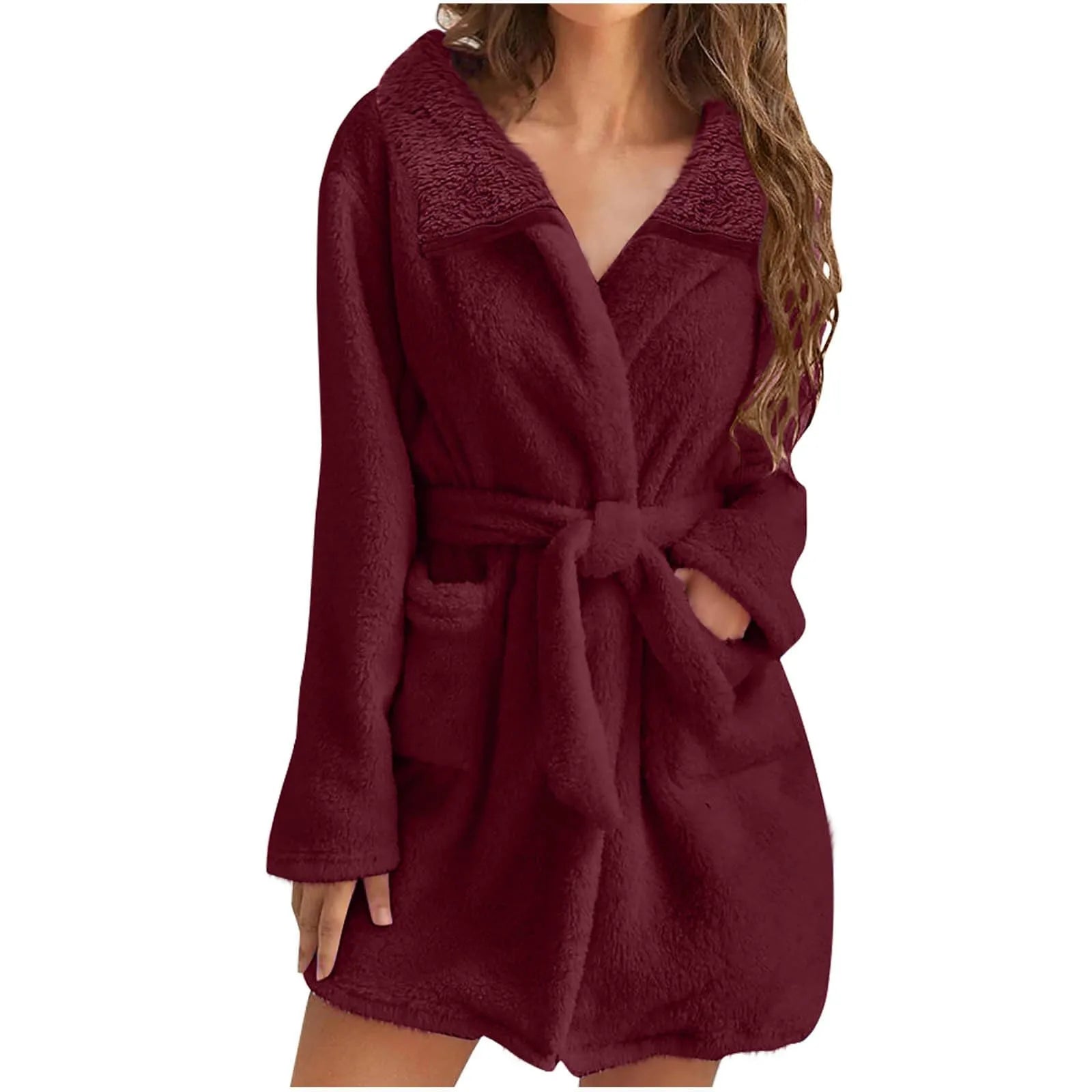 Women Warm Plush Hooded Bathrobe Wainter Plush Lapel Robe With Pockets Female Pajamas Robe Long Home Clothes Lingeries For Woman