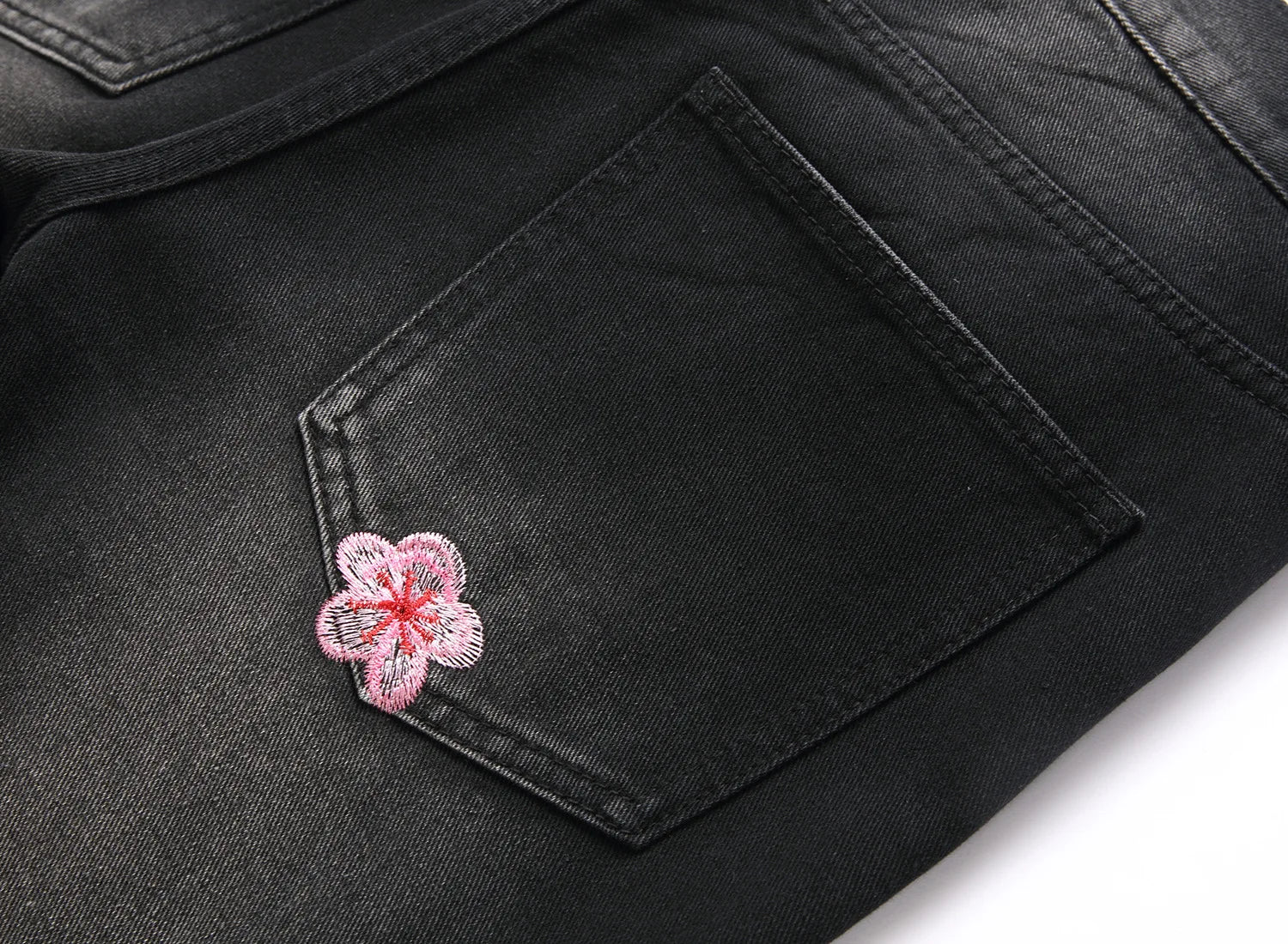 Men's high-street ripped jeans with floral embroidery patchwork, trendy street-style distressed flared jeans