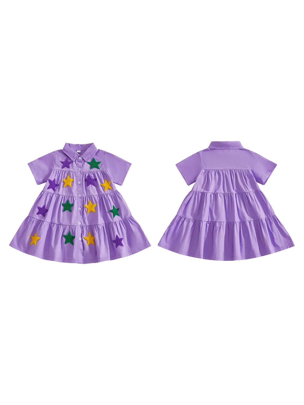 Toddler Mardi Gras Dress with Sequin Star Detail and Tiered Ruffle Skirt Short Sleeve Collared Party Dress for Girls Spring