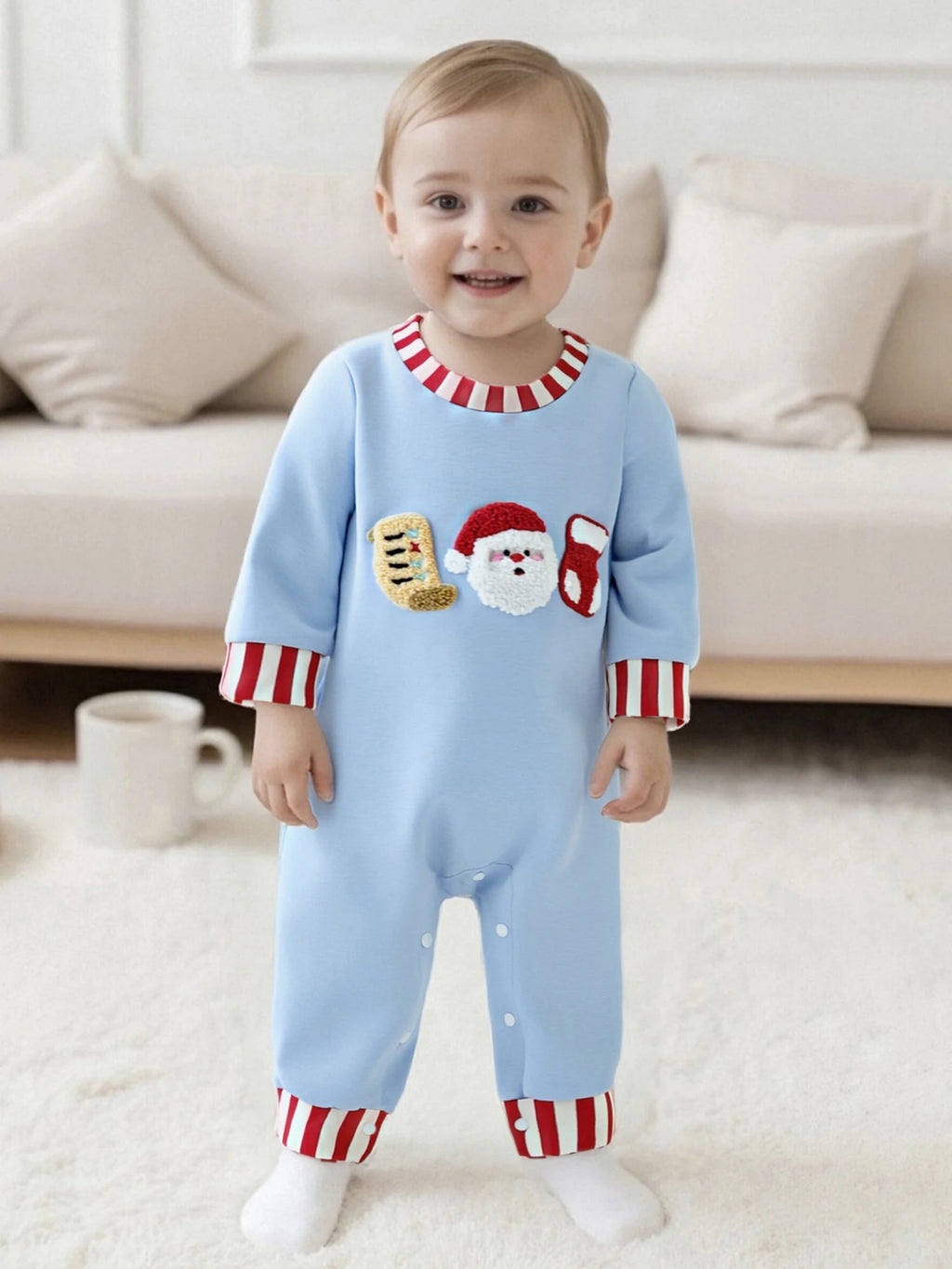 Lioraitiin Newborn Baby Boys Christmas Romper Santa Embroidery Striped Crew Neck Long Sleeve Full Length Jumpsuit